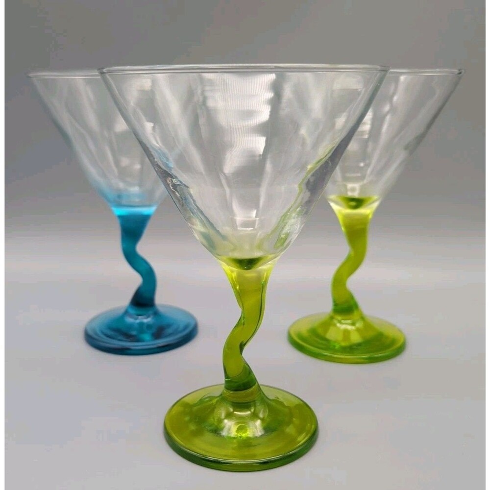 Vintage Libbey Z Stem Martini Glasses Wavy MCM Aqua Blue Green Mixed Set Of 3
